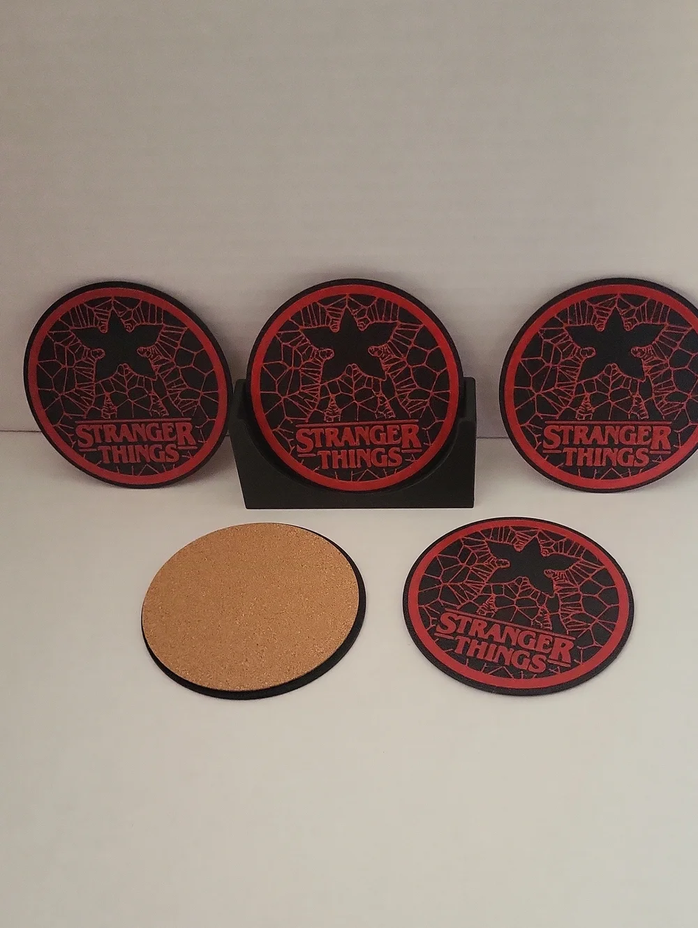 Set Of 5 Stranger Things Red & Black Coaster Set With Holder